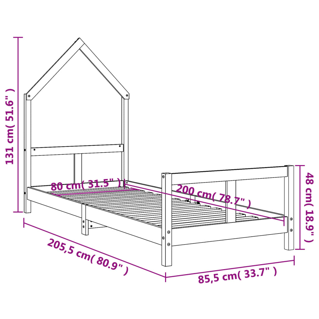 Okvir za dječji krevet crni 80 x 200 cm od masivne borovine