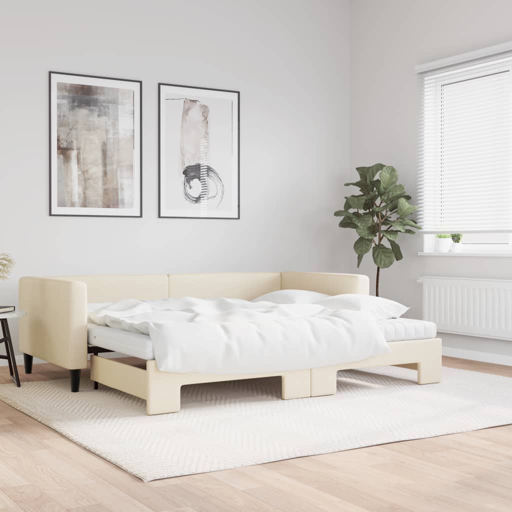 Dnevni krevet na razvlačenje s madracima krem 90x200 cm tkanina