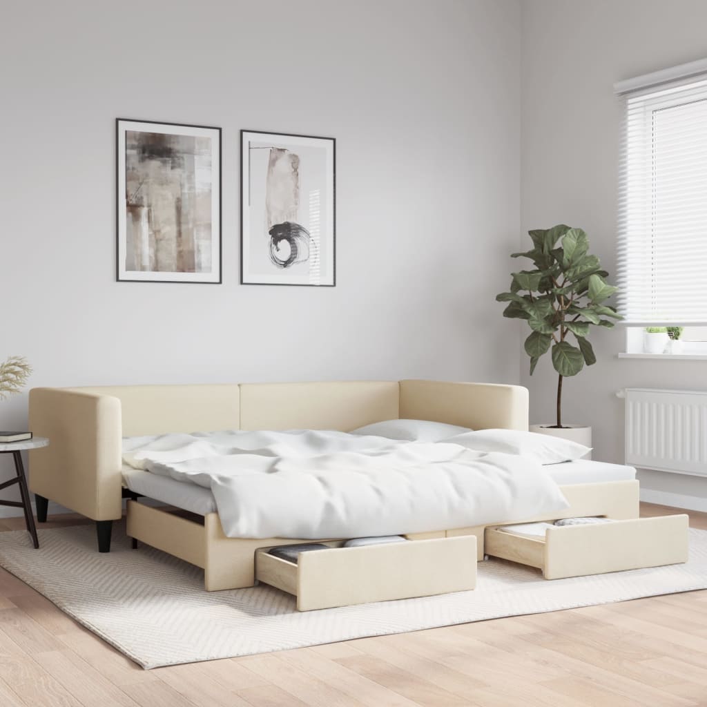 Dnevni krevet na razvlačenje s ladicama krem 100x200 cm tkanina