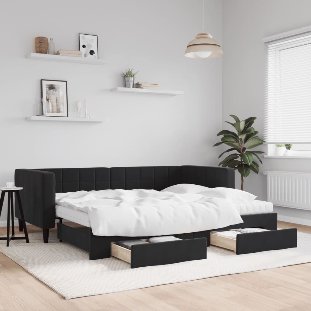 Dnevni krevet na razvlačenje s ladicama crni 90 x 190 cm baršun