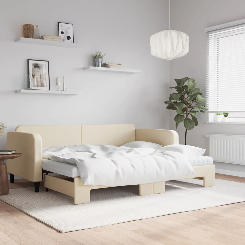 Dnevni krevet na razvlačenje s madracima krem 90x200 cm tkanina