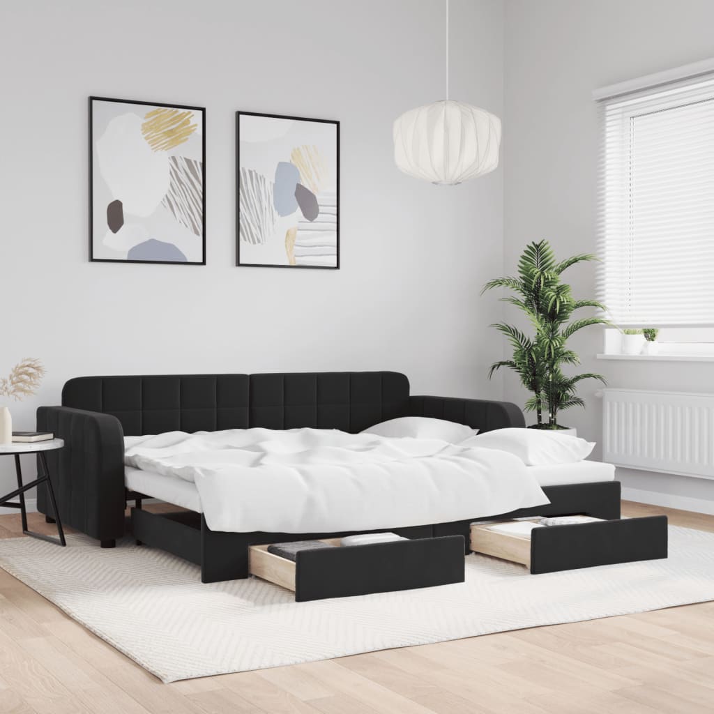 Dnevni krevet na razvlačenje s ladicama crni 90 x 200 cm baršun