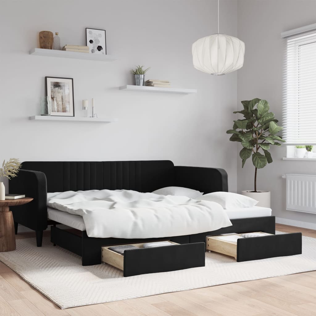Dnevni krevet na razvlačenje s ladicama crni 90 x 190 cm baršun