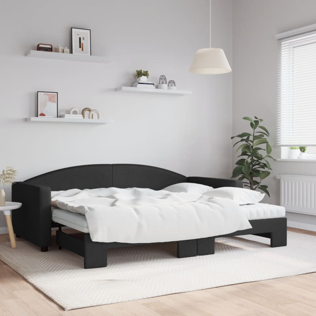Dnevni krevet na razvlačenje s madracima crni 90x200 cm tkanina