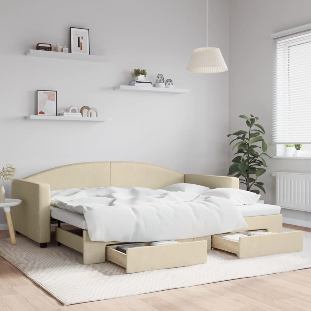 Dnevni krevet na razvlačenje s ladicama krem 90x200 cm tkanina