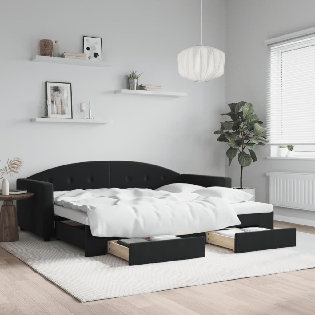 Dnevni krevet na razvlačenje s ladicama crni 90 x 190 cm baršun