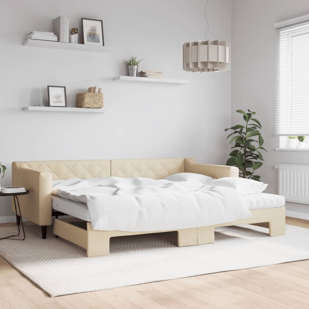 Dnevni krevet na razvlačenje s madracima krem 90x200 cm tkanina