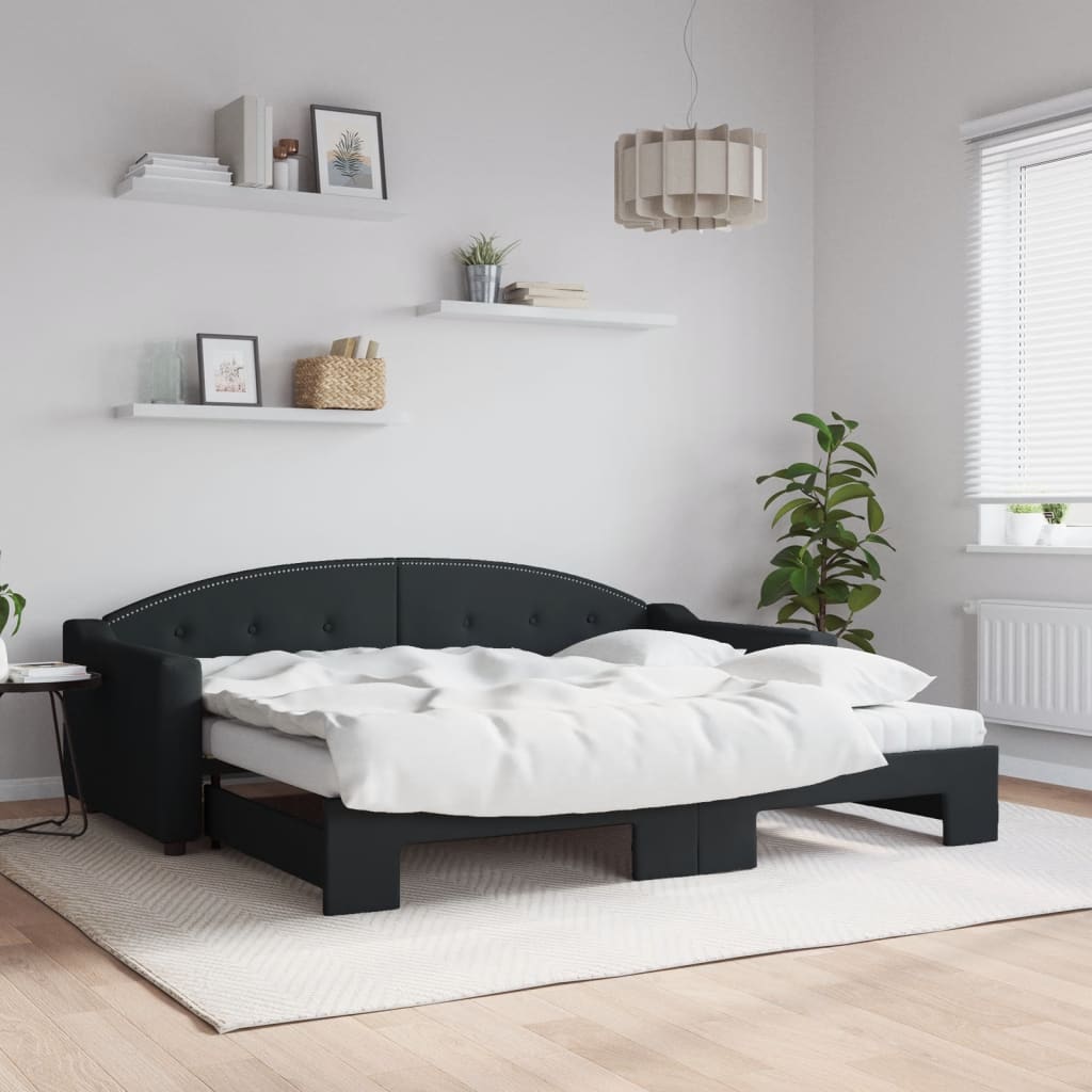 Dnevni krevet na razvlačenje s madracima crni 90x200 cm tkanina