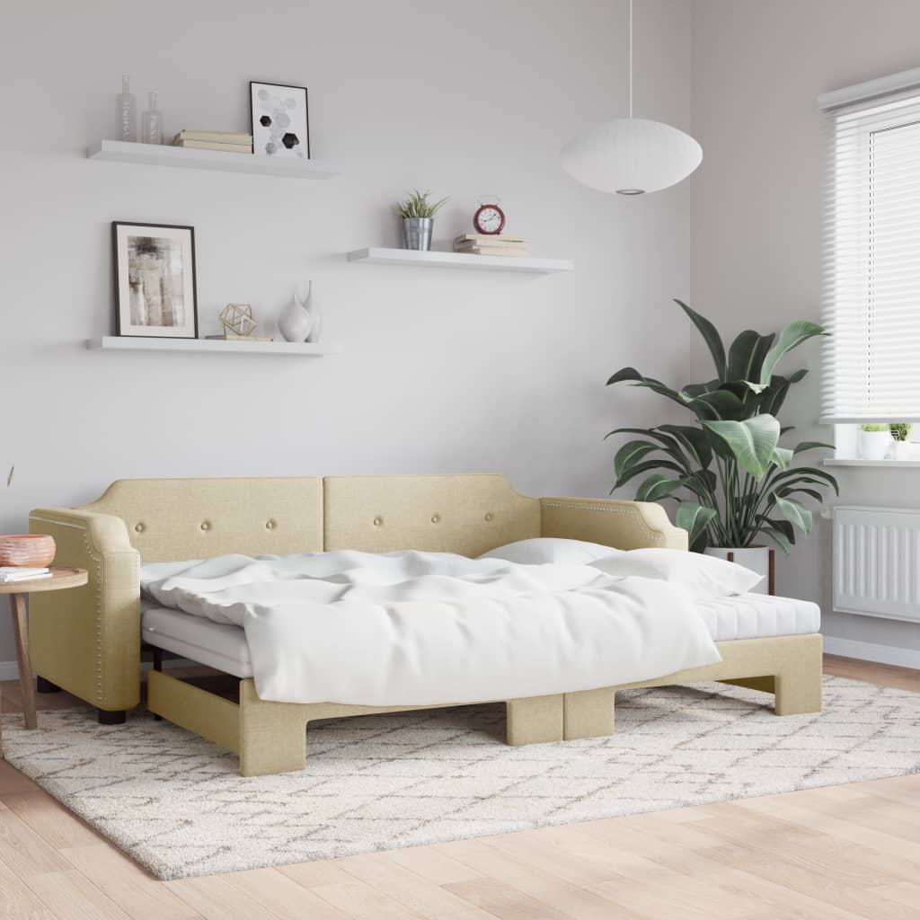 Dnevni krevet na razvlačenje s madracima krem 90x200 cm tkanina
