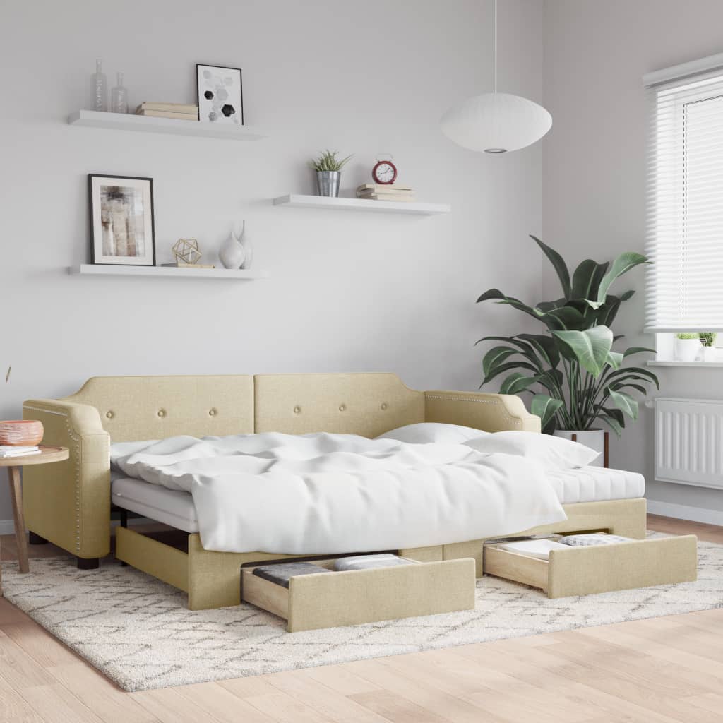 Dnevni krevet na razvlačenje s ladicama krem 90x200 cm tkanina