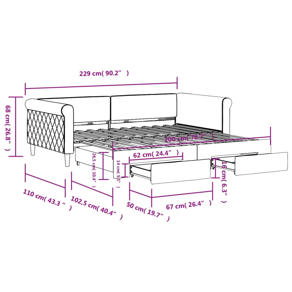 Dnevni krevet na razvlačenje s ladicama crni 100x200 cm baršun