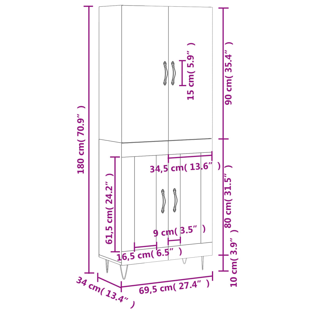 Visoka komoda siva sonome 69,5x34x180 cm od konstruiranog drva