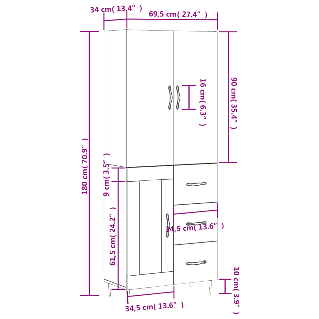 Visoka komoda siva betona 69,5x34x180 cm od konstruiranog drva