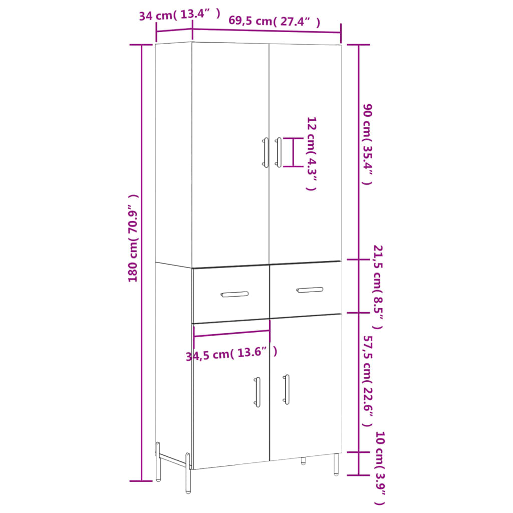 Visoka komoda dimljeni hrast 69,5x34x180 cm konstruiranog drva
