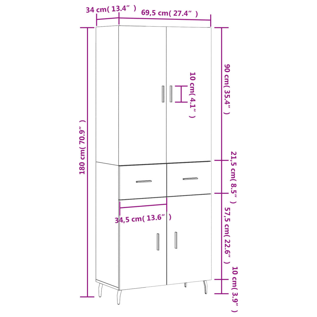 Visoka komoda dimljeni hrast 69,5x34x180 cm konstruiranog drva