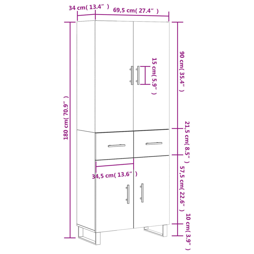 Visoka komoda dimljeni hrast 69,5x34x180 cm konstruiranog drva