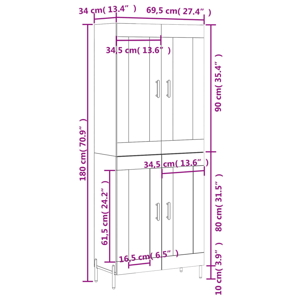 Visoka komoda siva betona 69,5x34x180 cm od konstruiranog drva