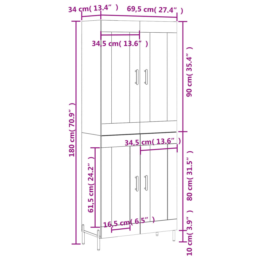 Visoka komoda dimljeni hrast 69,5x34x180 cm konstruiranog drva