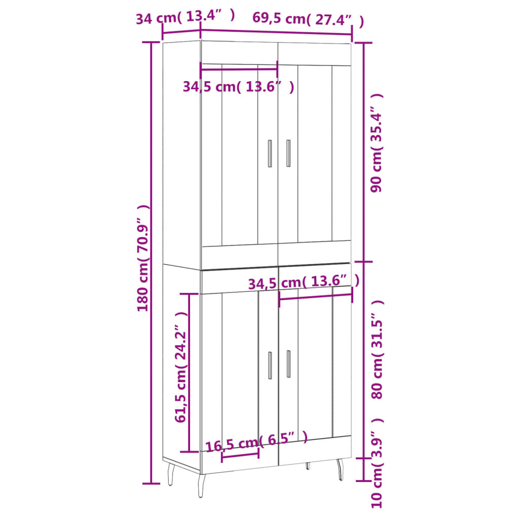 Visoka komoda siva sonome 69,5x34x180 cm od konstruiranog drva