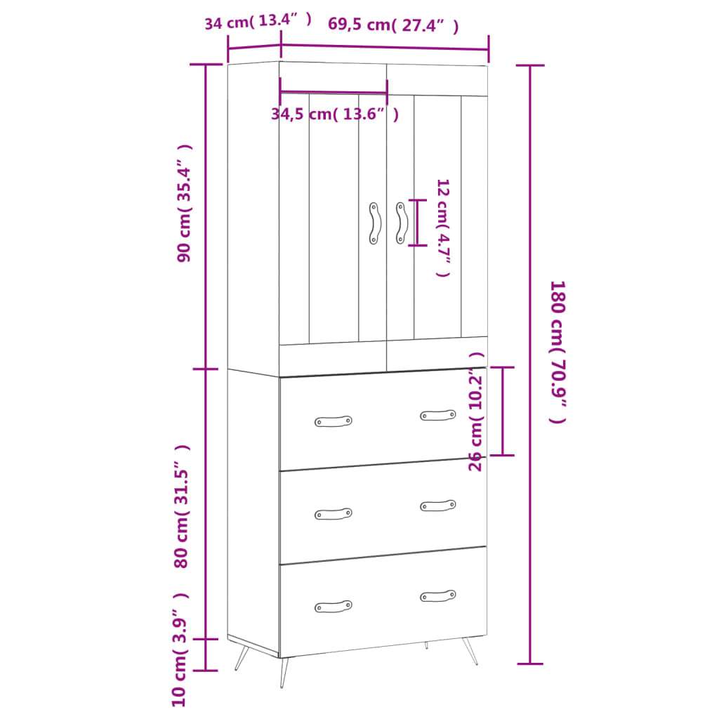 Visoka komoda dimljeni hrast 69,5x34x180 cm konstruiranog drva