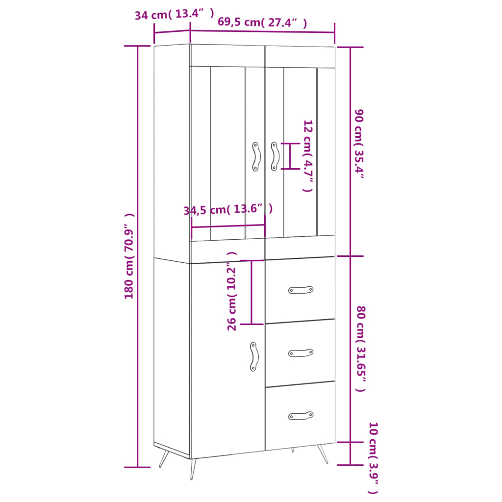 Visoka komoda dimljeni hrast 69,5x34x180 cm konstruiranog drva