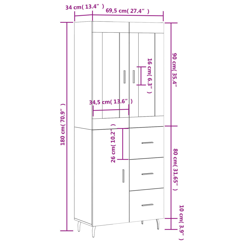 Visoka komoda dimljeni hrast 69,5x34x180 cm konstruiranog drva