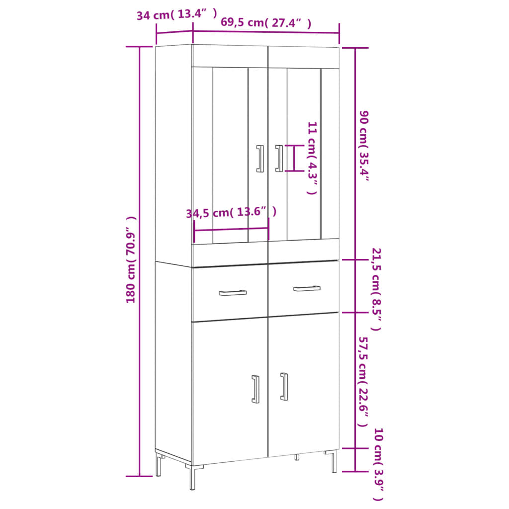 Visoka komoda dimljeni hrast 69,5x34x180 cm konstruiranog drva