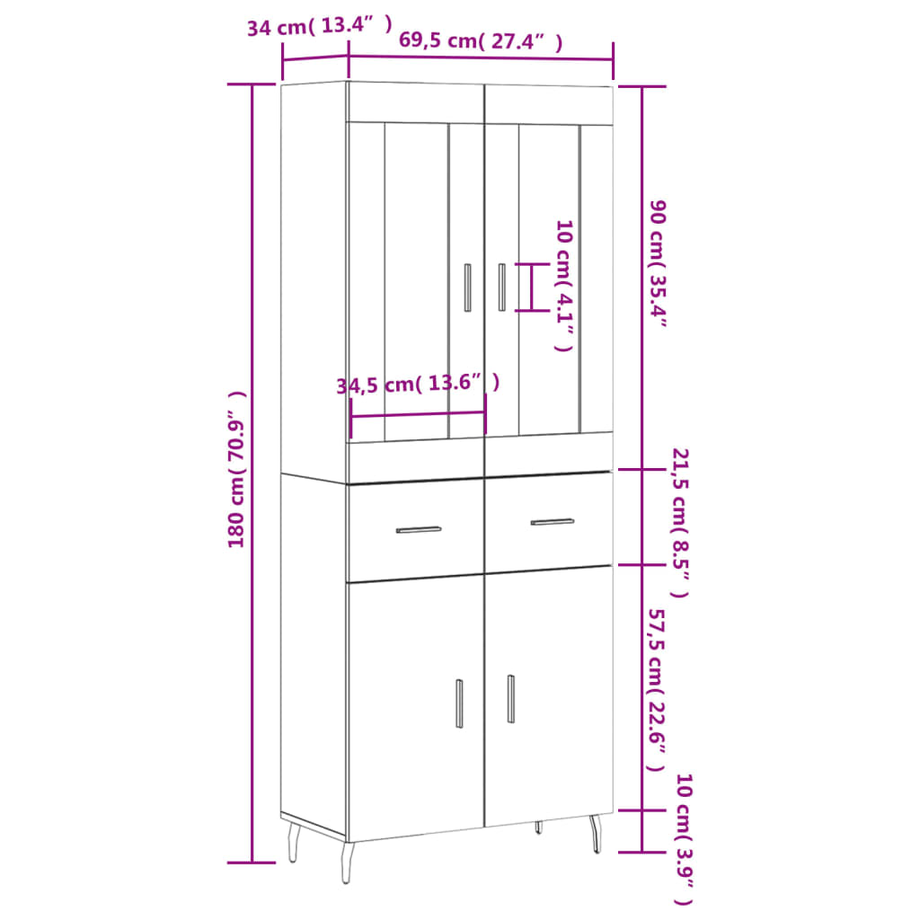 Visoka komoda siva betona 69,5x34x180 cm od konstruiranog drva