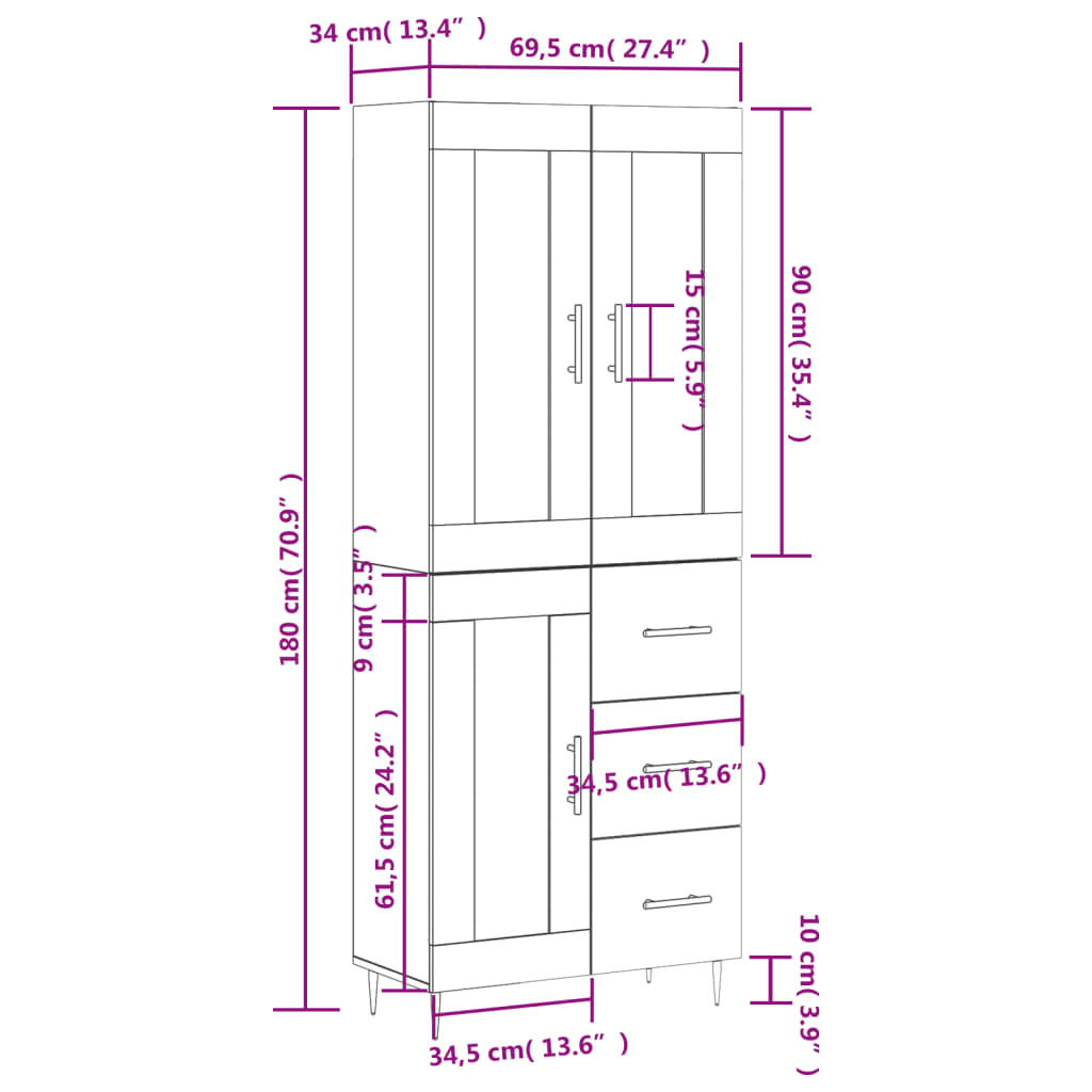 Visoka komoda siva betona 69,5x34x180 cm od konstruiranog drva