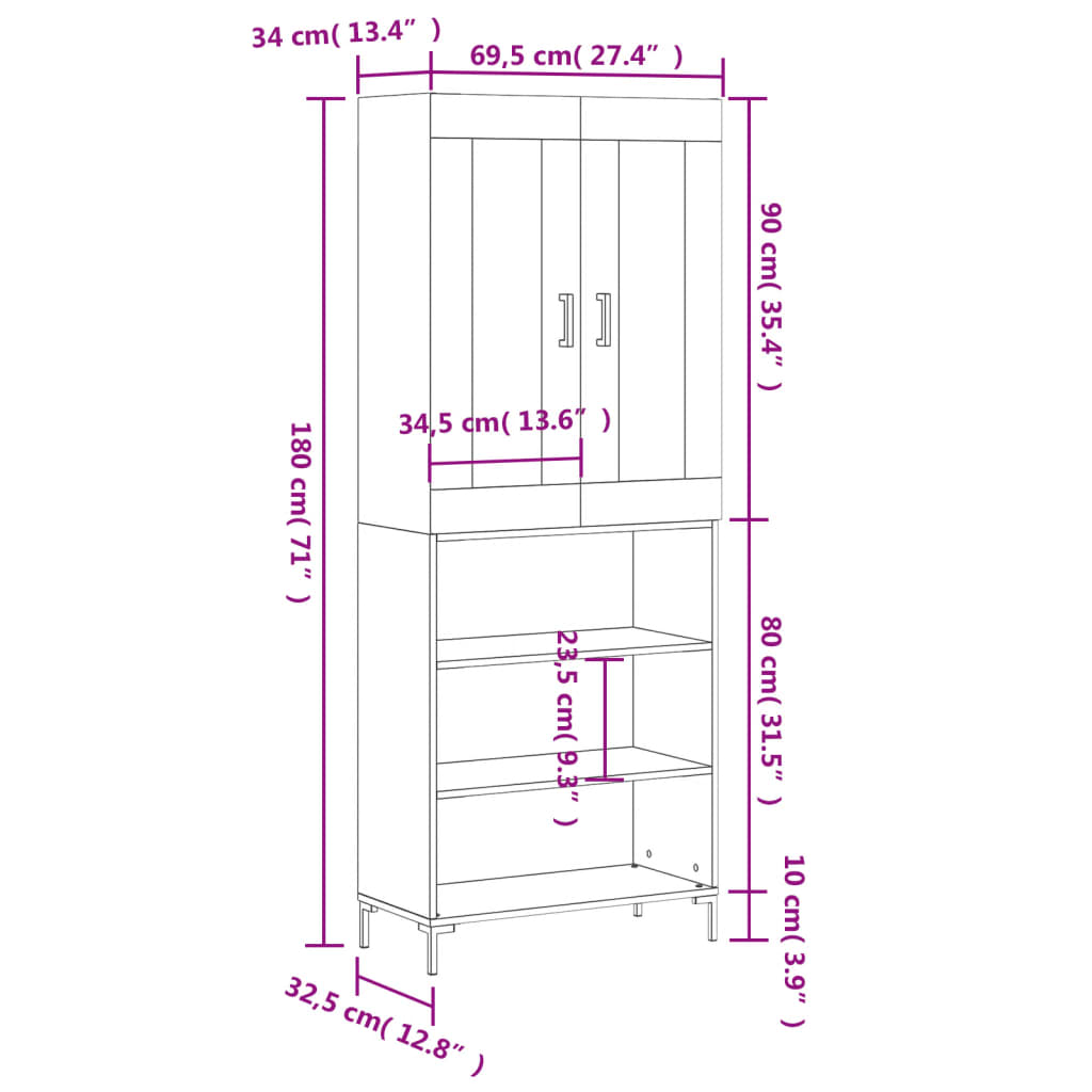 Visoka komoda siva sonome 69,5x34x180 cm od konstruiranog drva