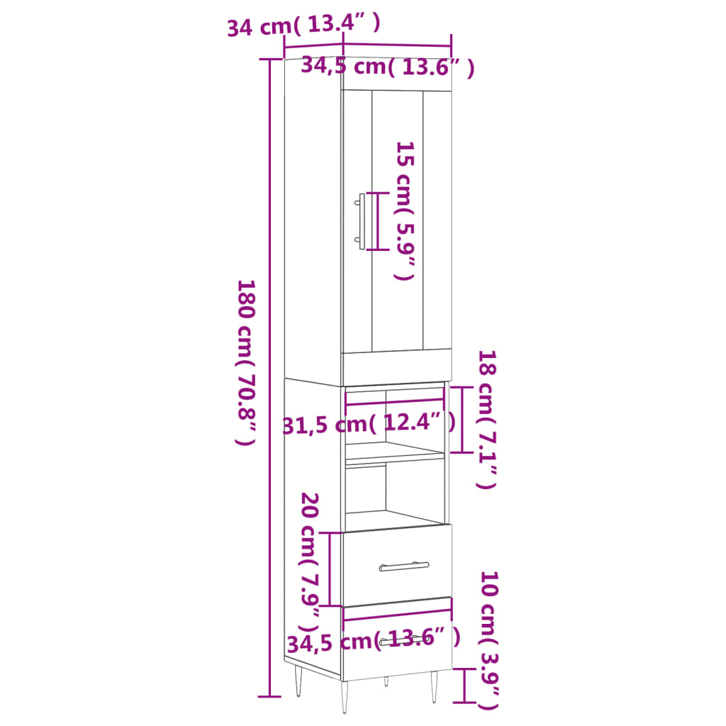 Visoka komoda dimljeni hrast 34,5x34x180cm konstruiranog drva