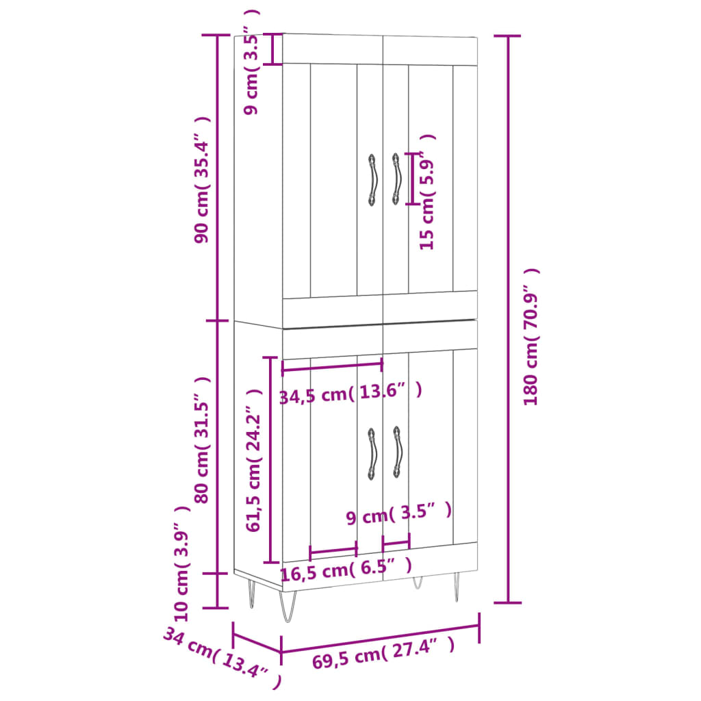 Visoka komoda siva betona 69,5x34x180 cm od konstruiranog drva