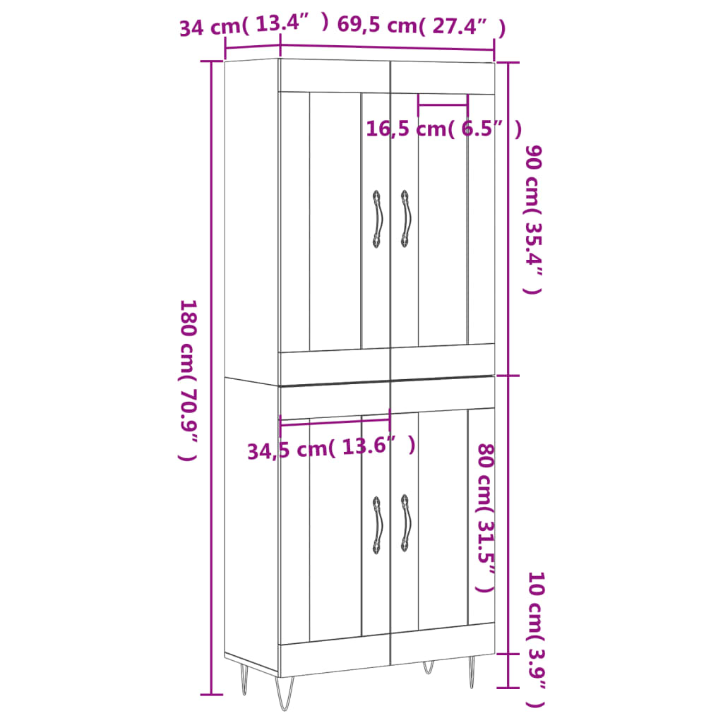 Visoka komoda dimljeni hrast 69,5x34x180 cm konstruiranog drva