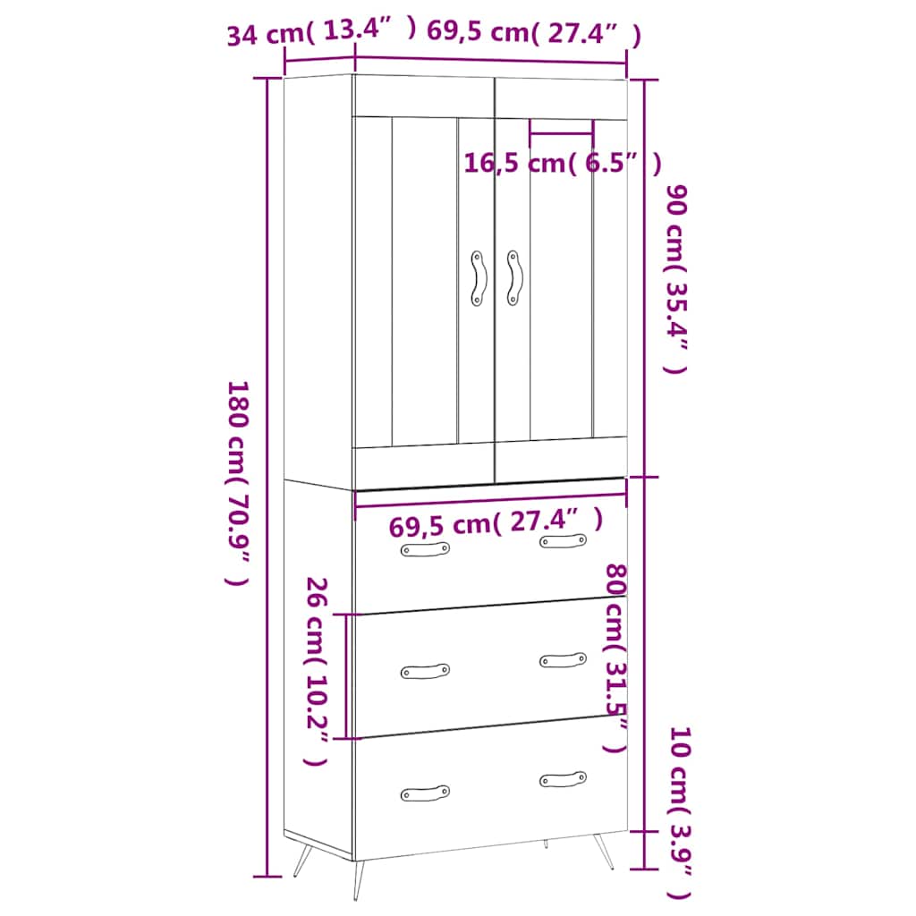Visoka komoda siva sonome 69,5x34x180 cm od konstruiranog drva