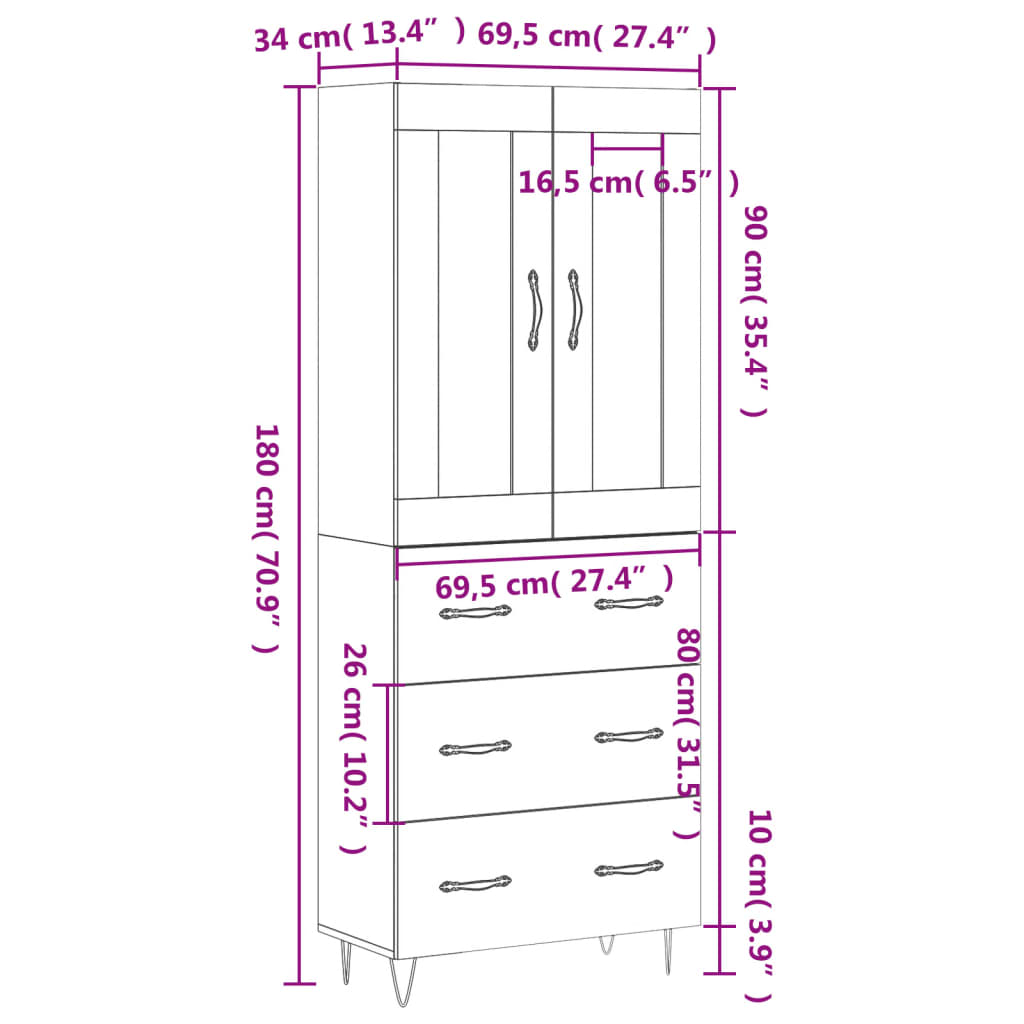 Visoka komoda dimljeni hrast 69,5x34x180 cm konstruiranog drva