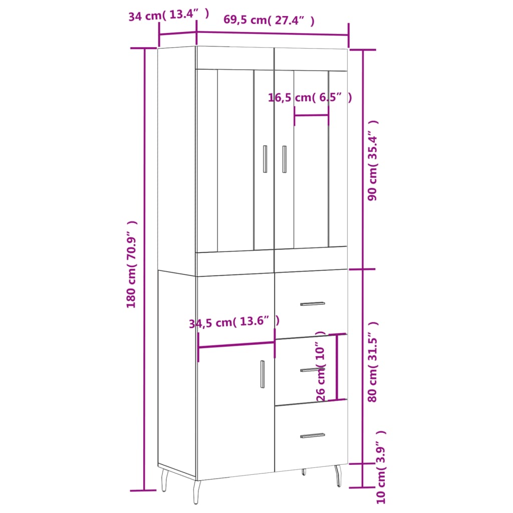 Visoka komoda hrasta sonome 69,5x34x180cm od konstruiranog drva