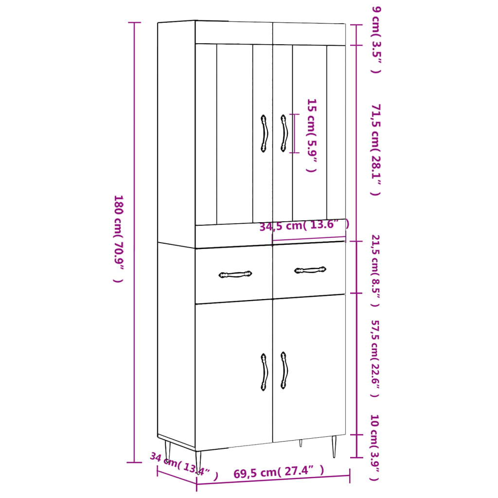 Visoka komoda siva sonome 69,5x34x180 cm od konstruiranog drva