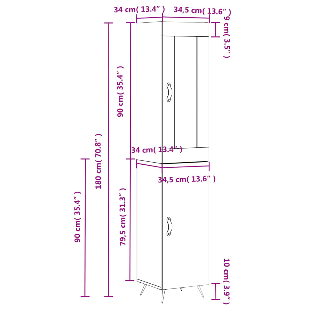 Visoka komoda sjajna bijela 34,5x34x180 cm konstruirano drvo