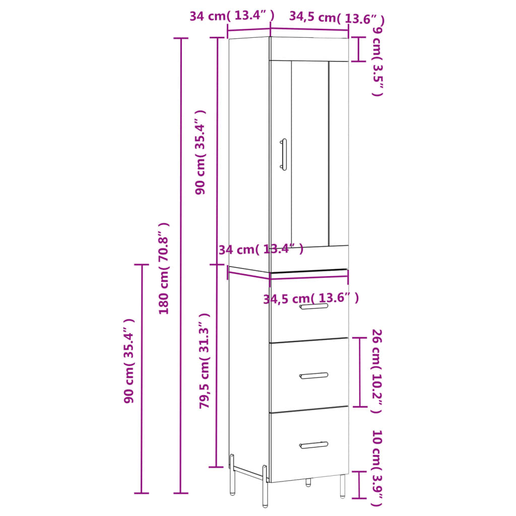 Visoka komoda dimljeni hrast 34,5x34x180cm konstruiranog drva