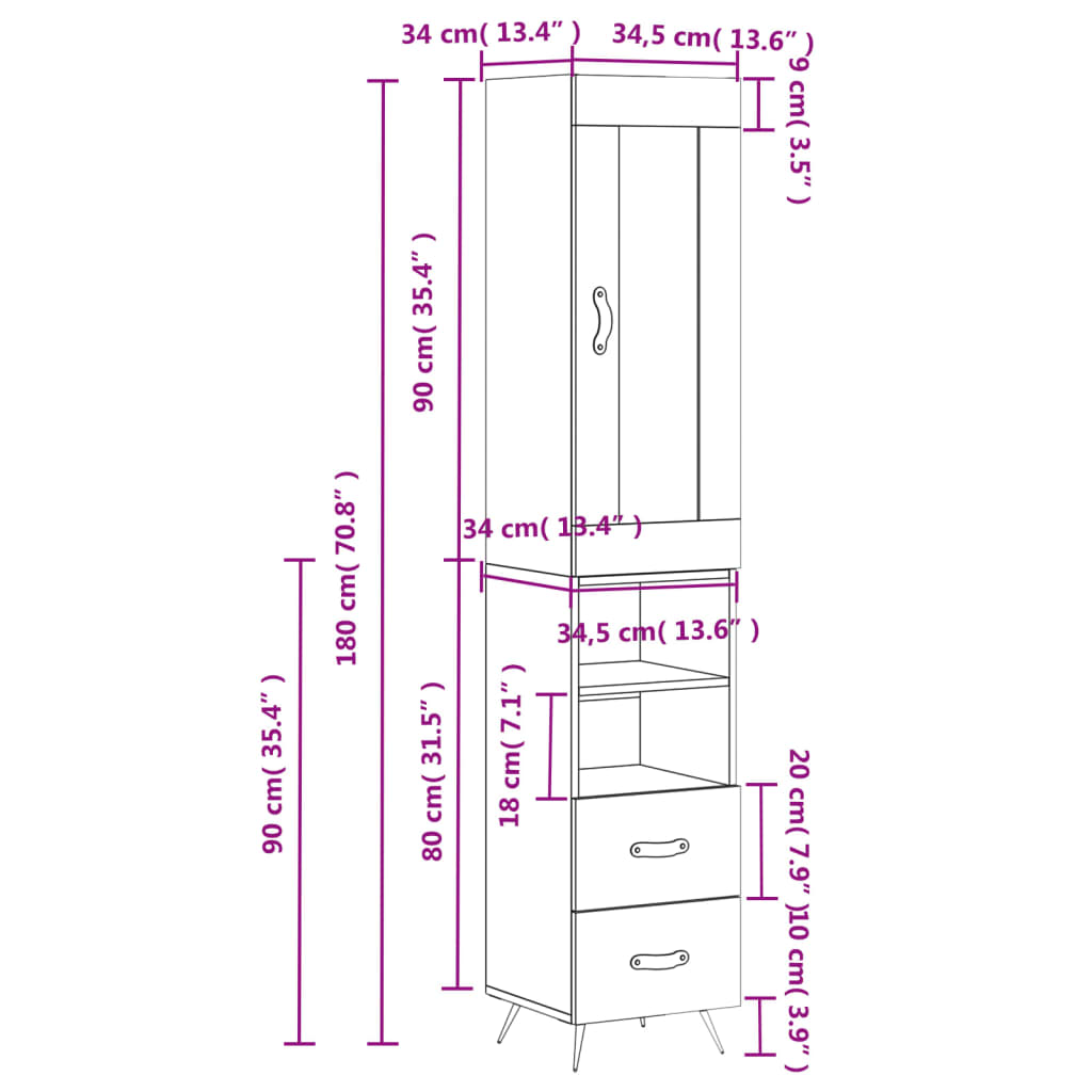 Visoka komoda dimljeni hrast 34,5x34x180cm konstruiranog drva