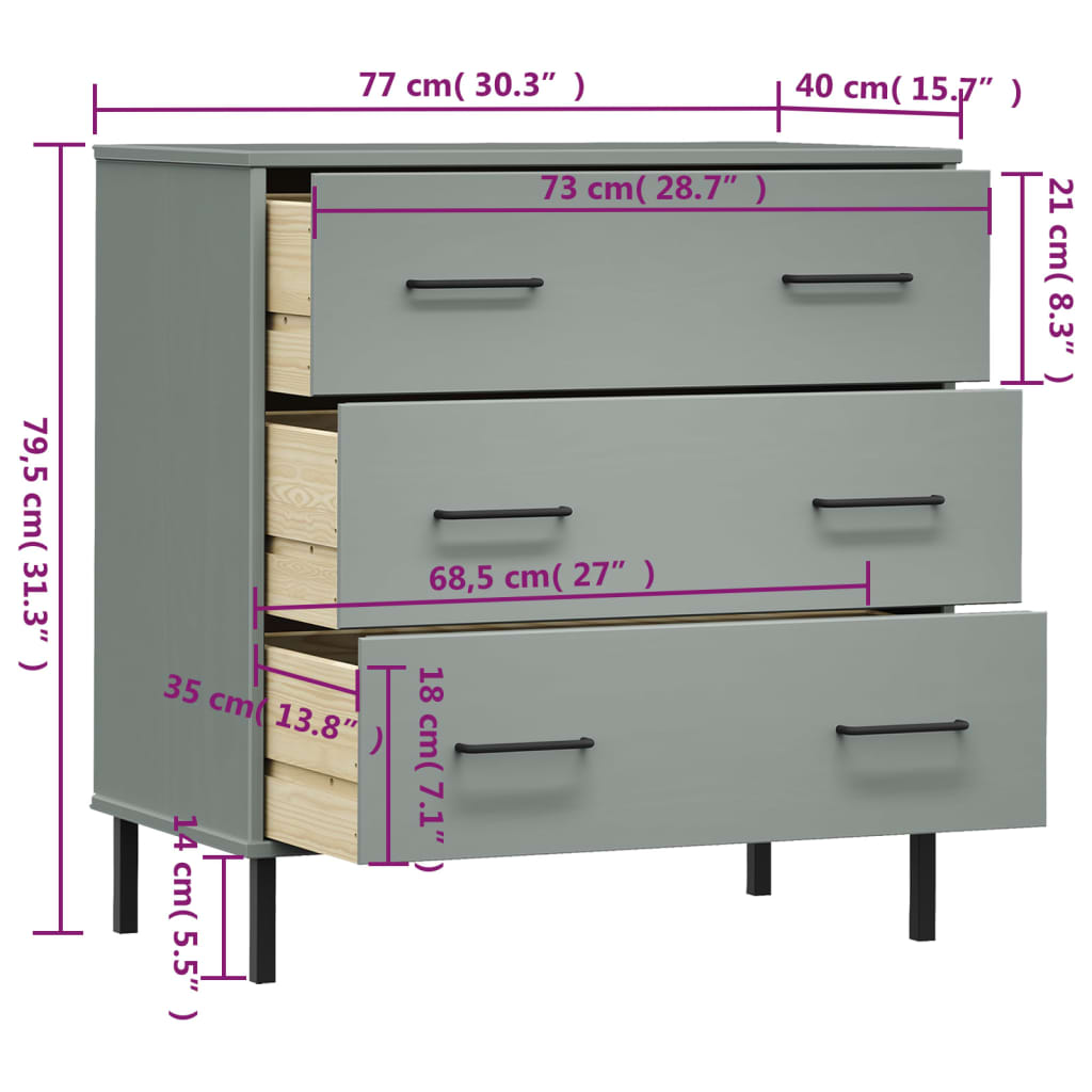 Komoda s 3 ladice siva 77 x 40 x 79,5 cm od masivnog drva OSLO