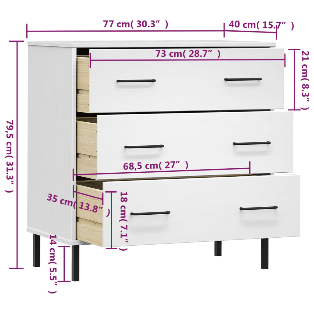 Komoda s 3 ladice bijela 77x40x79,5 cm od masivnog drva OSLO