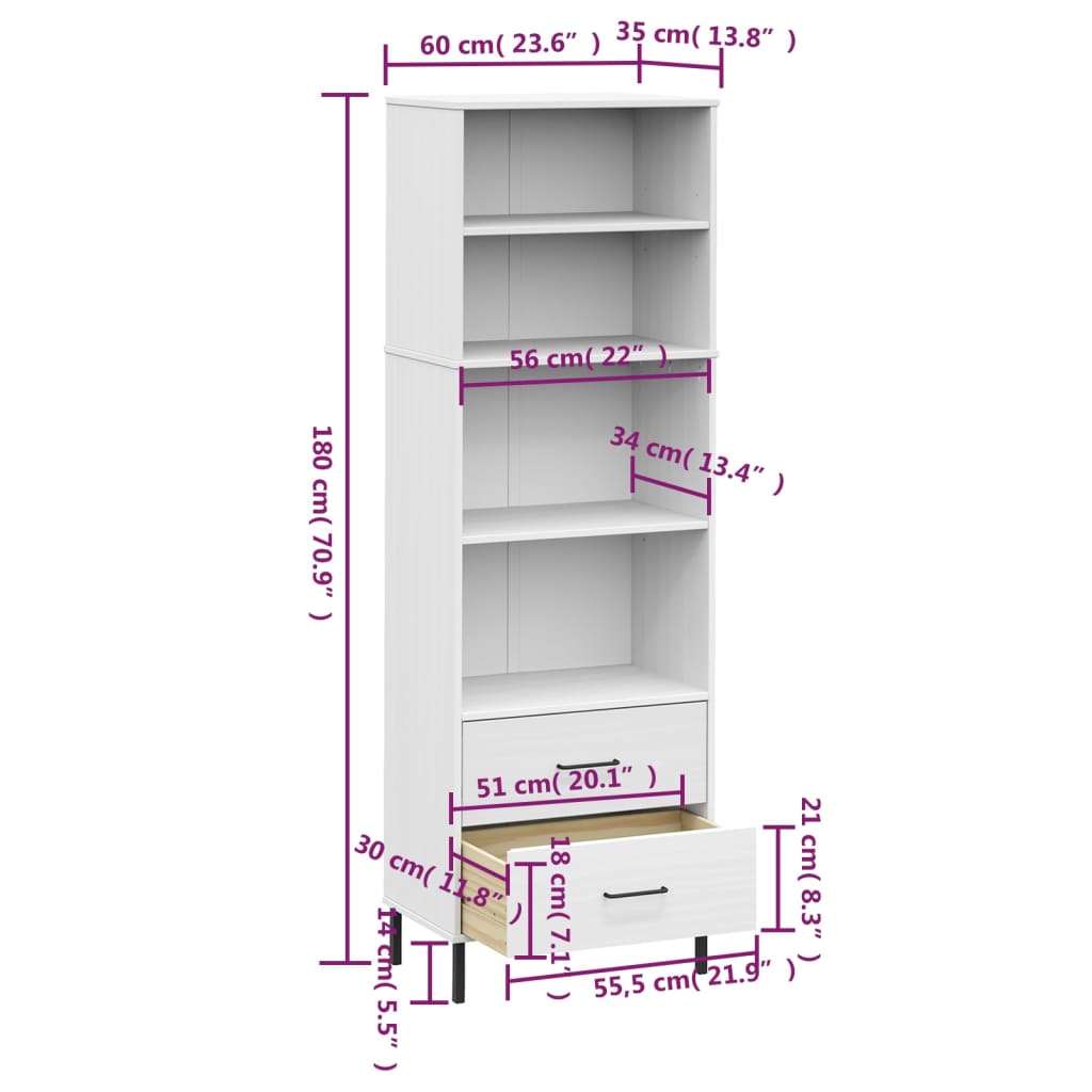 Regal za knjige s 2 ladice bijeli 60x35x180cm masivno drvo OSLO
