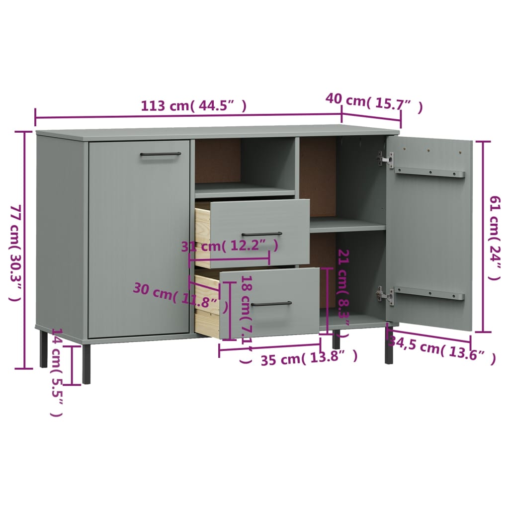Komoda s metalnim nogama siva 113x40x77 cm masivno drvo OSLO