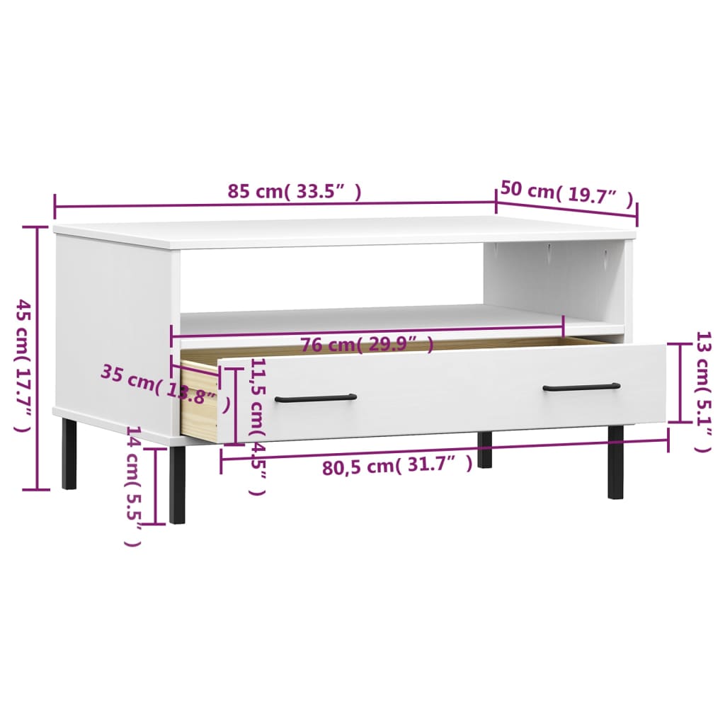 Stolić za kavu s metalnim nogama bijeli 85x50x45 cm drveni OSLO