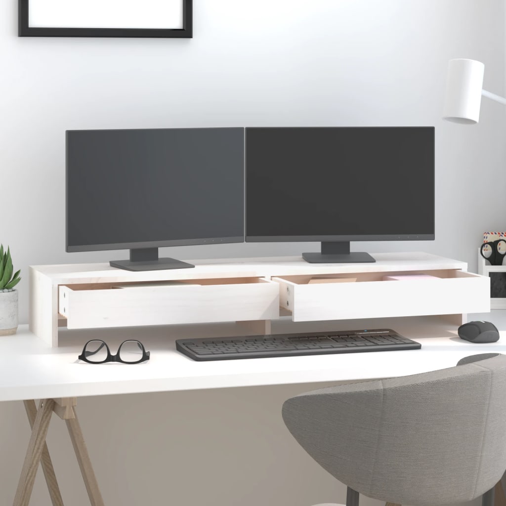 Stalak za monitor bijeli 100x27x15 cm od masivne borovine