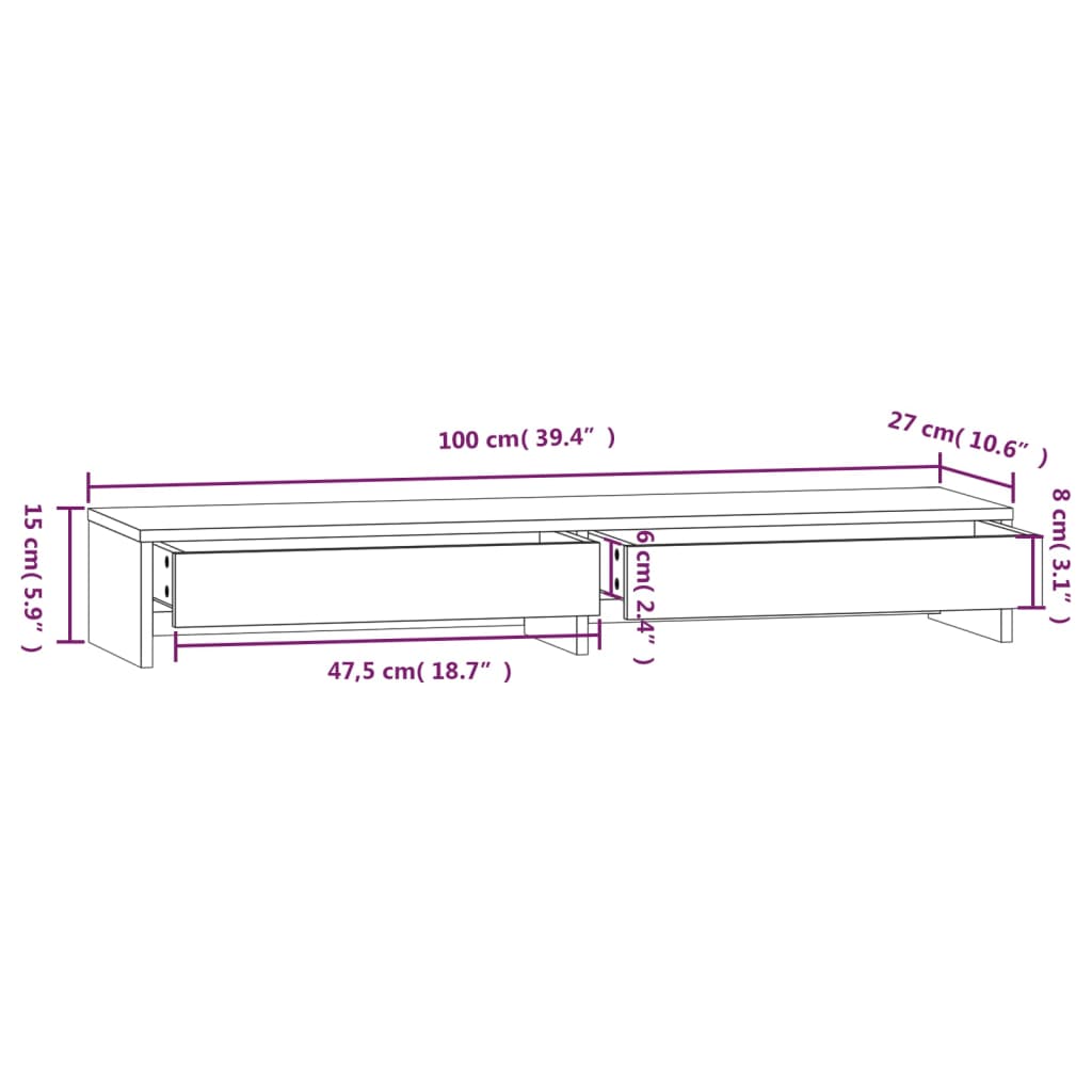 Stalak za monitor bijeli 100x27x15 cm od masivne borovine