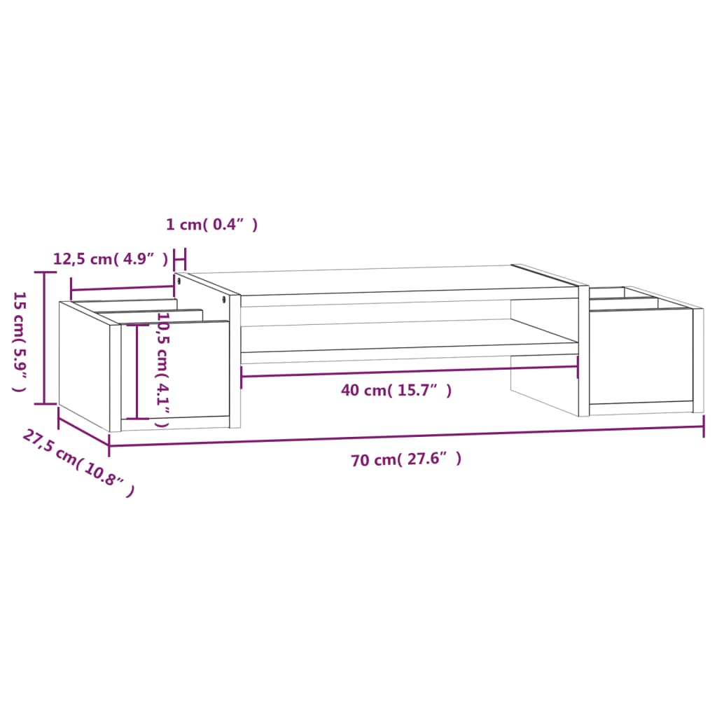 Stalak za monitor sivi 70 x 27,5 x 15 cm od masivne borovine