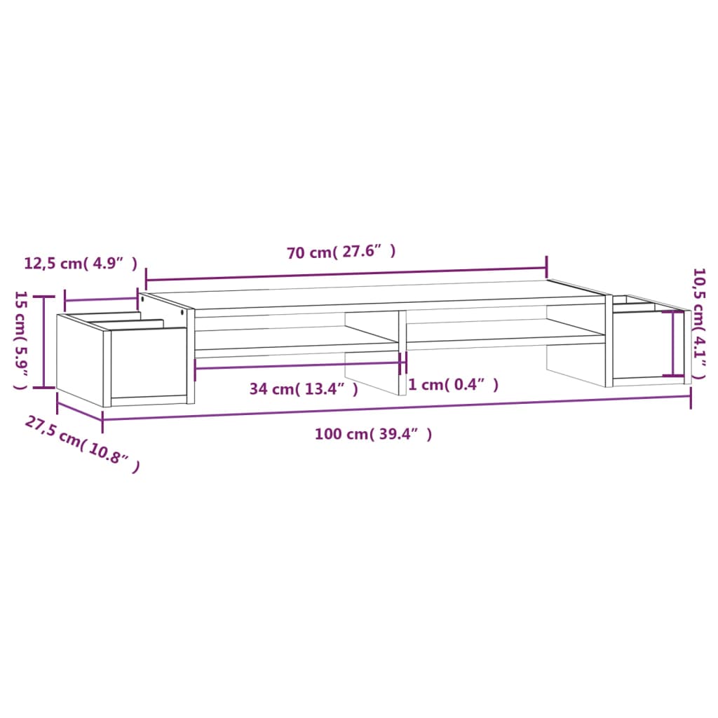Stalak za monitor sivi 100 x 27,5 x 15 cm od masivne borovine