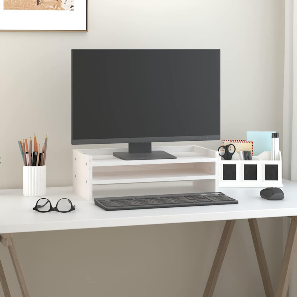 Stalak za monitor bijeli 50 x 24 x 16 cm od masivne borovine